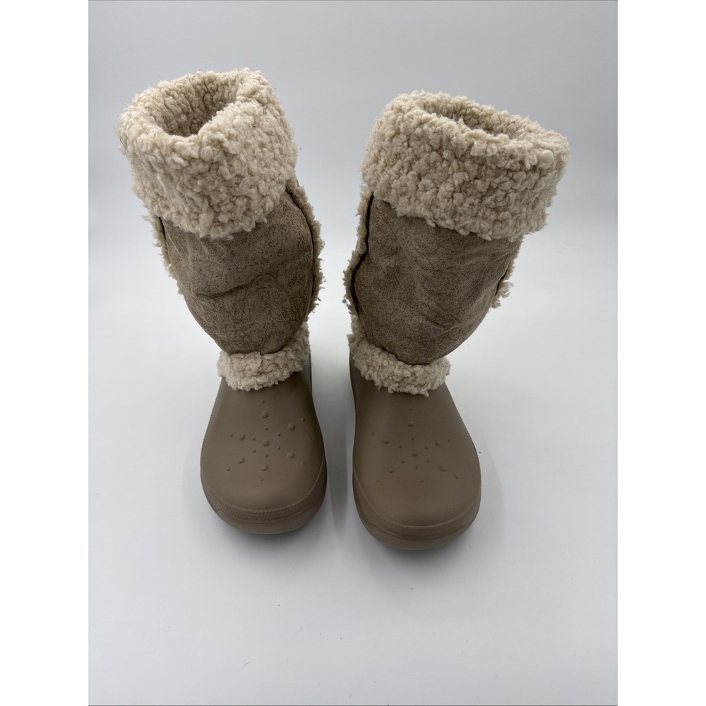 Crocs Boots Mid Calf Tan Beige Lined Faux Suede Fur Winter Snow Size 8